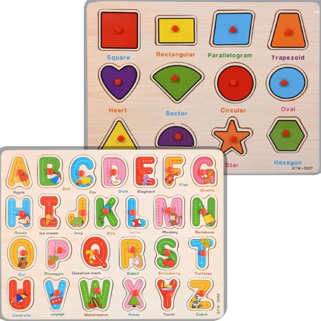 2-Pack Alphabet Shapes Puzzle Wooden for Toddlers 3+ Years Old ABC Learning Toys with Board Blocks Preschool Education for Girls and Boys Large