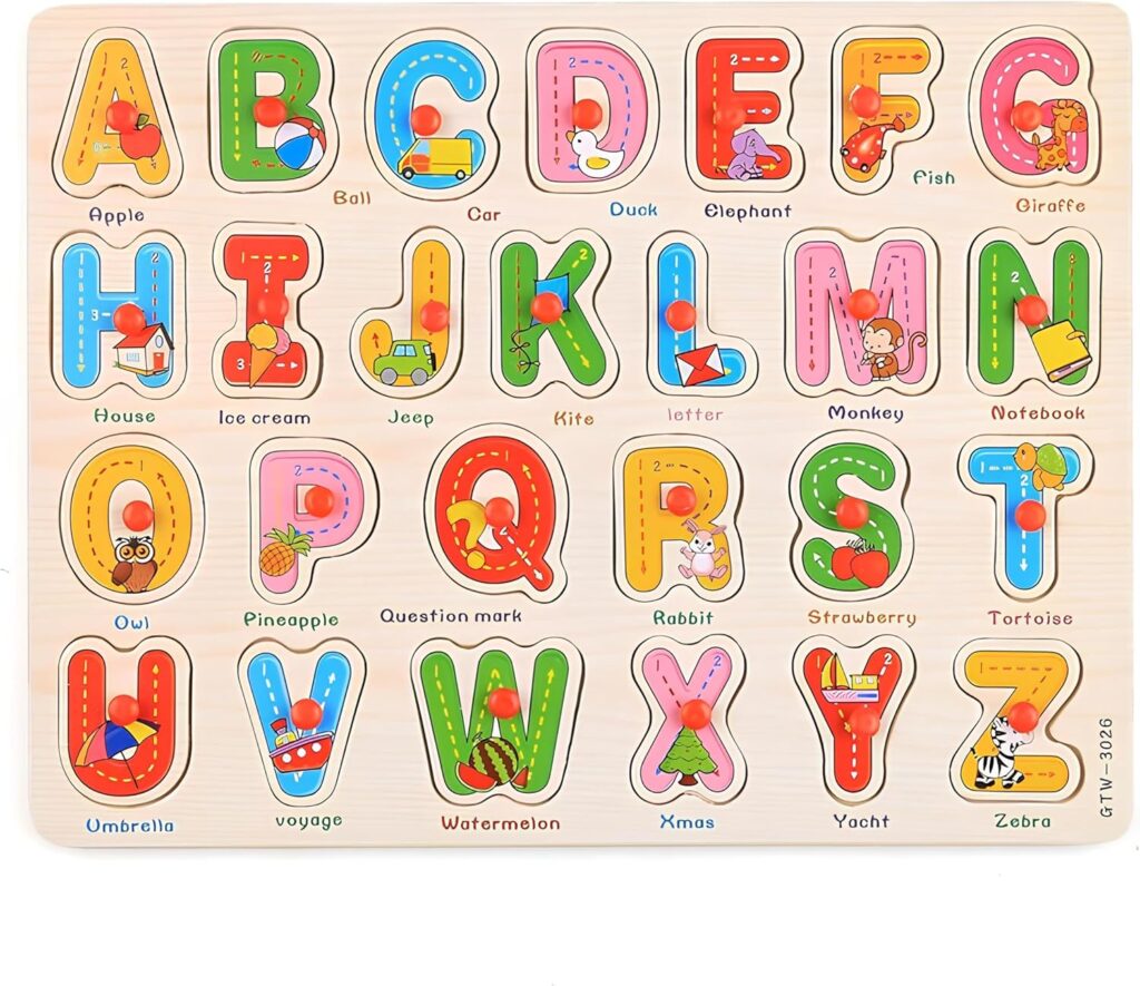 5-Pack Alphabet, Numbers, Shapes, Fruits & Vehicles Puzzle Wooden for Toddlers 3+ Years Old ABC & 123 Shape Learning Toys with Board & Blocks Preschool Education for Girls and Boys, Large