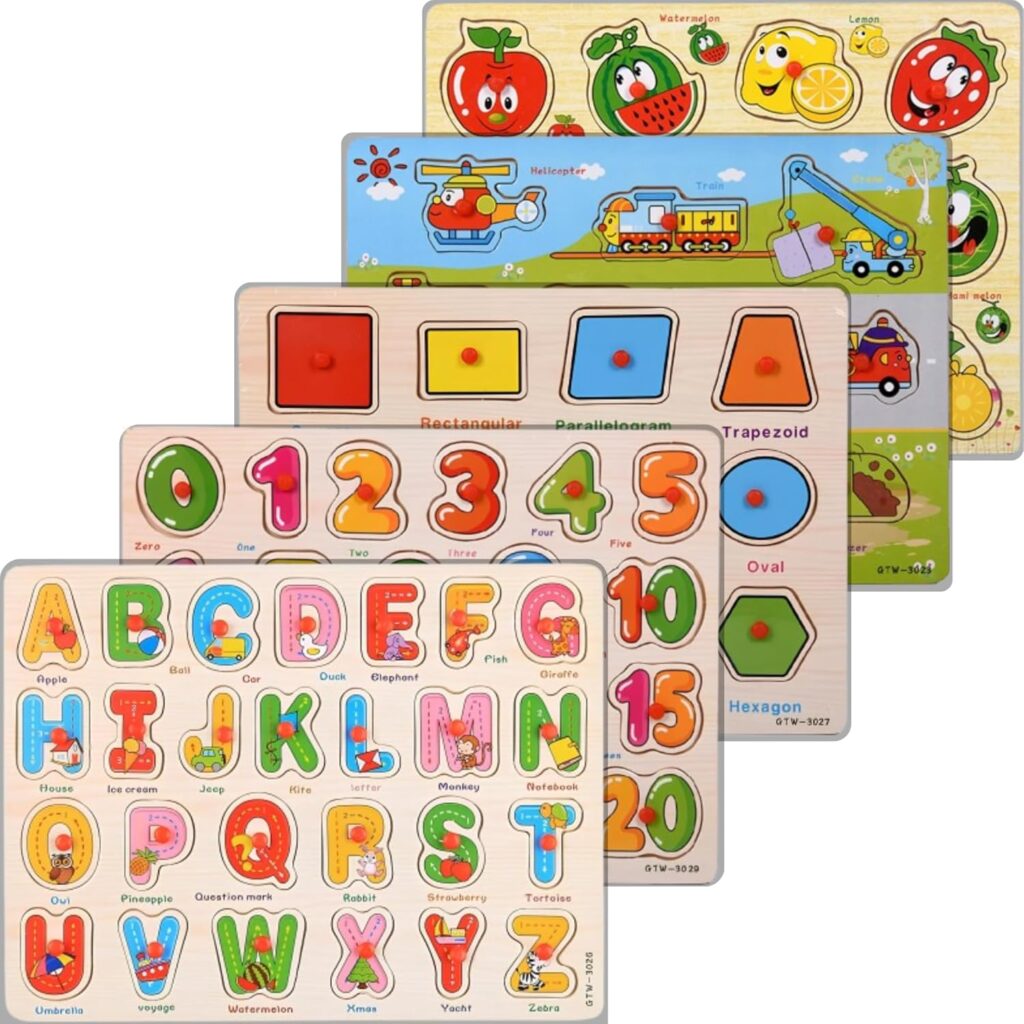 5-Pack Alphabet, Numbers, Shapes, Fruits & Vehicles Puzzle Wooden for Toddlers 3+ Years Old ABC & 123 Shape Learning Toys with Board & Blocks Preschool Education for Girls and Boys, Large